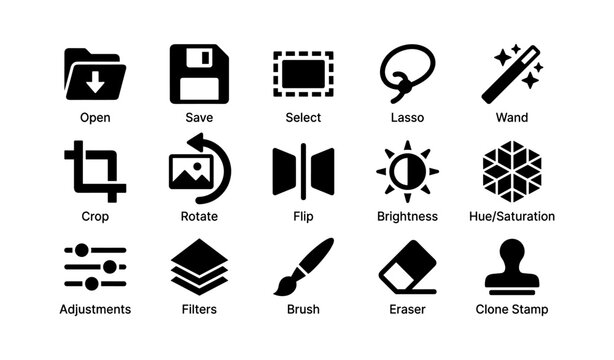 Digital editing icons: basic tools and functions for image modification