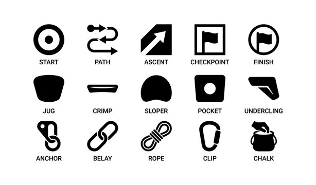 Rock climbing symbols: start, path, ascent, checkpoint, finish, and equipment icons
