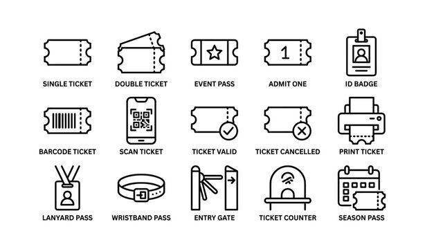 Various ticket icons including event, admit one, barcode, and id badge