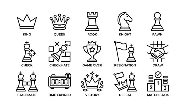 Chess icons set featuring king queen rook knight pawn and checkmate symbols