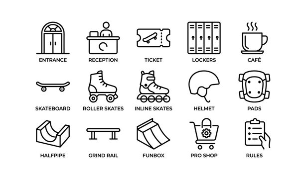 Icon set featuring entrance, reception, locker, skateboard, roller skates, helmet, caf&eacute;, and gear