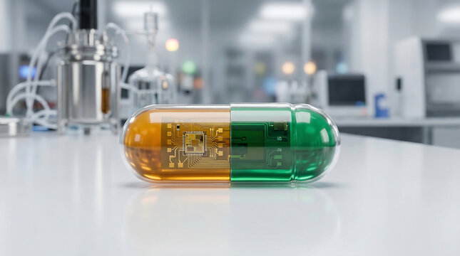Innovative medical technology featuring a smart pill with embedded microchip in lab environment.