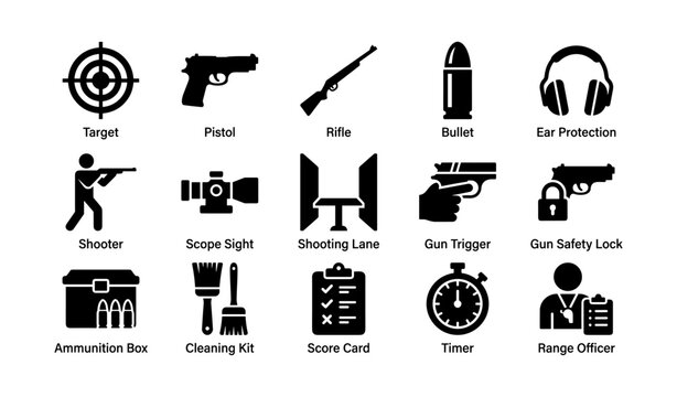 Shooting range icons set: target, pistol, rifle, bullet, ear protection