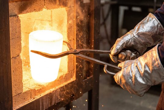 Blacksmith in heat resistant gloves using tongs to hold a glowing white hot crucible near a furnace