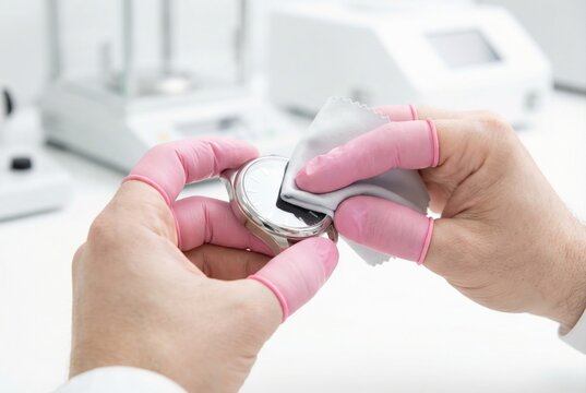 Watchmaker wearing pink finger cots carefully polishing a metal watch case with a microfiber cloth