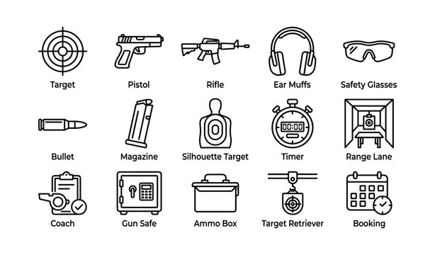 Shooting range equipment icons: target, pistol, rifle, ear muffs, safety glasses