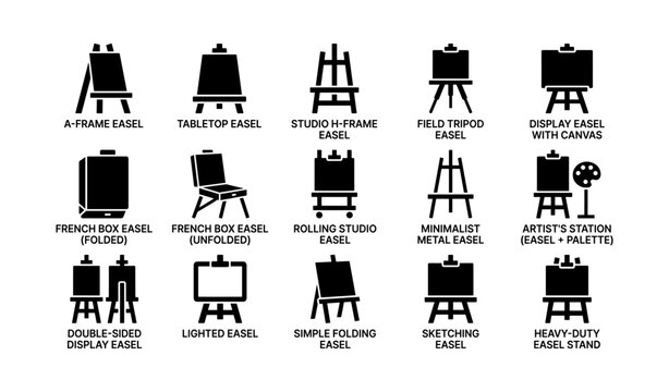 Different types of easels: a-frame, studio h-frame, french box, and more