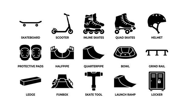 Skateboarding and skating equipment icons set on white background