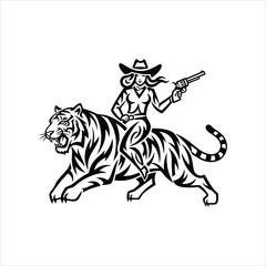 Obraz premium Retro Cowgirl Riding Tiger Silhouette Vector Illustration