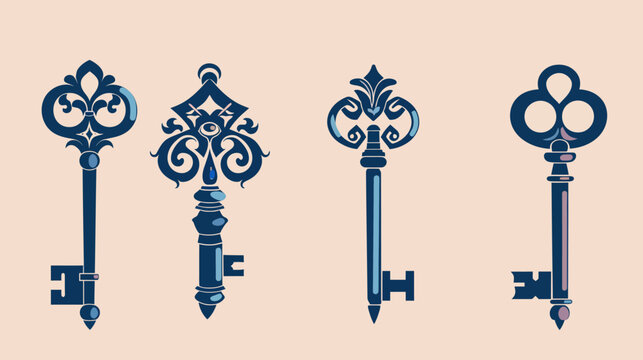 Four ornate, stylized keys in shades of blue against a light pink background