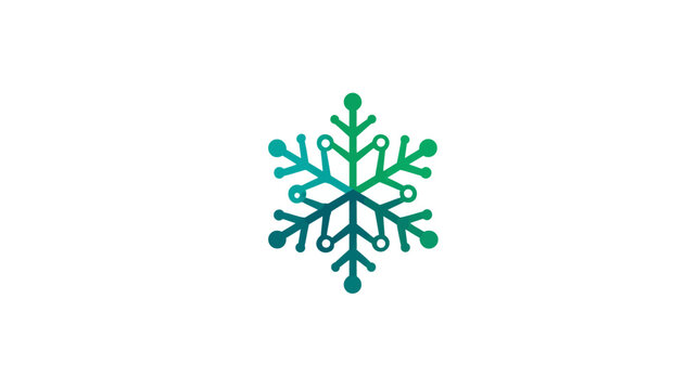 A digital snowflake composed of connected circles and lines, in green and teal gradients, white background
