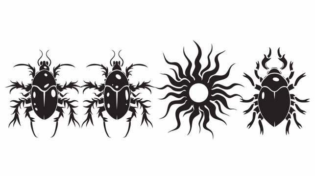 Black-and-white image showcases beetles and a radiant sun in a graphic style