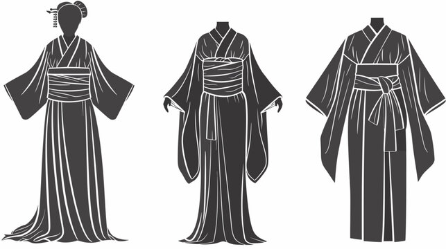 Three stylized dark kimono silhouettes, with varied obi styles and dress lengths