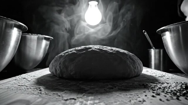 Black and white close up of a dough ball with flour dusting in a moody kitchen scene illuminated by a single lightbulb