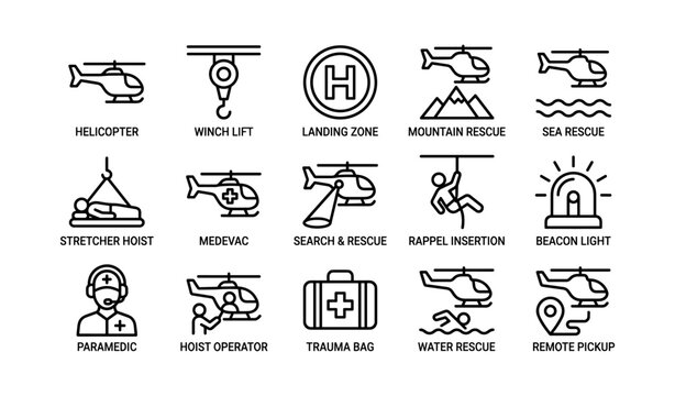 Emergency helicopter rescue icons - winch lift, medevac, mountain and sea rescue symbols