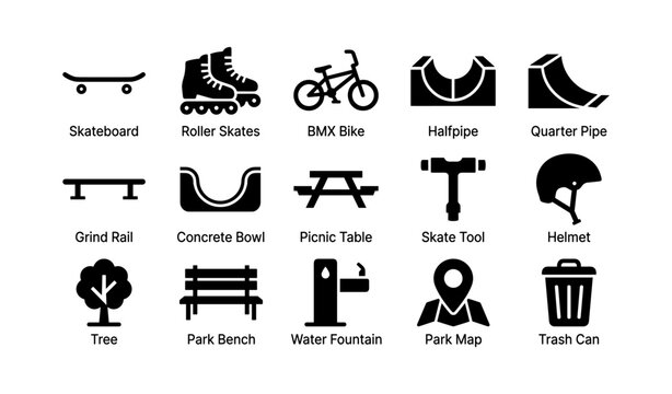 Skatepark icons: skateboard, bmx bike, halfpipe, and more