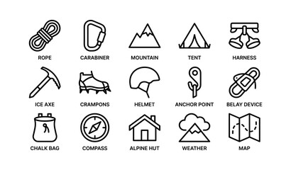 Fototapeta premium Essential mountaineering equipment icons: rope, carabiner, tent, helmet, map