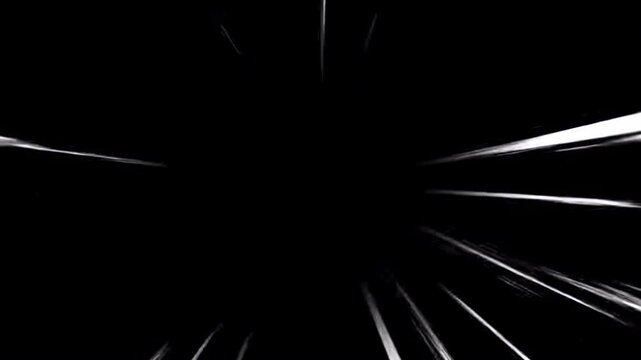 Bright anime speed lines animation on black background. Manga style speed velocity line- Flash action overlay motion scenes. Moving zoom comic speed line. Radial burst lines seamless looping footage.