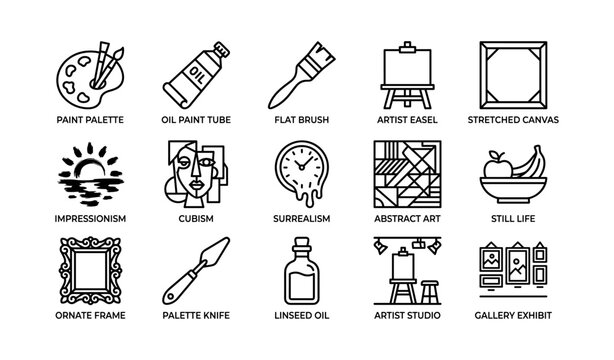 Art tools and movements icons: paint palette, easel, cubism, surrealism, gallery exhibit