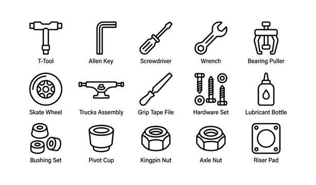 Skateboard maintenance tools and parts icons