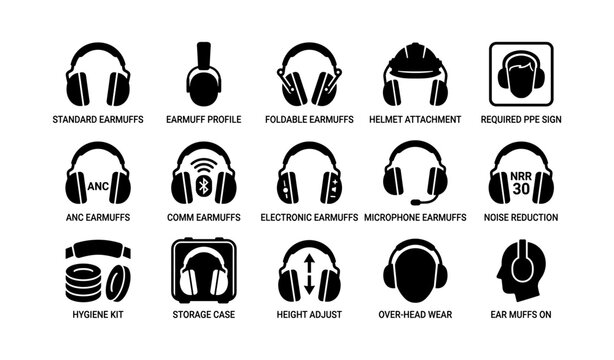 Various earmuff designs and features illustrated icons