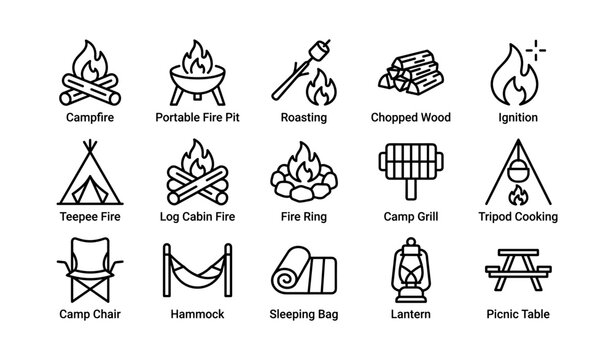 Campfire and camping equipment icons: essential outdoor adventure gear