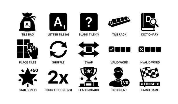 Scrabble game icons: tile bag, letter tile, blank tile, tile rack, place, shuffle, swap