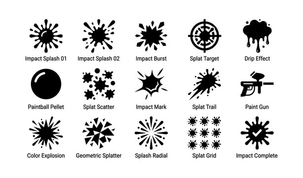Paintball impact splashes and gun icons set