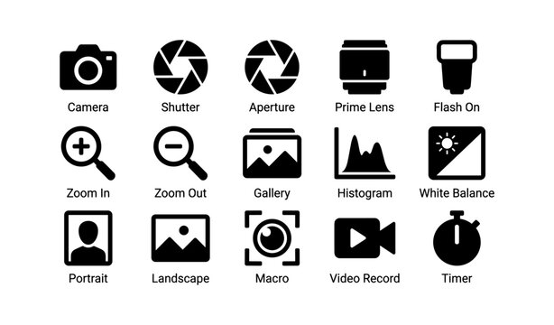 Photography icon set: camera, shutter, aperture, lens, flash, zoom, gallery, histogram