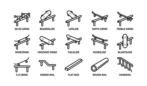 Skateboard trick icons: grind, slide, and rail variations illustrated