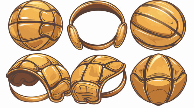 A set of gold turtle shells, headphones, and ball, stylistically similar