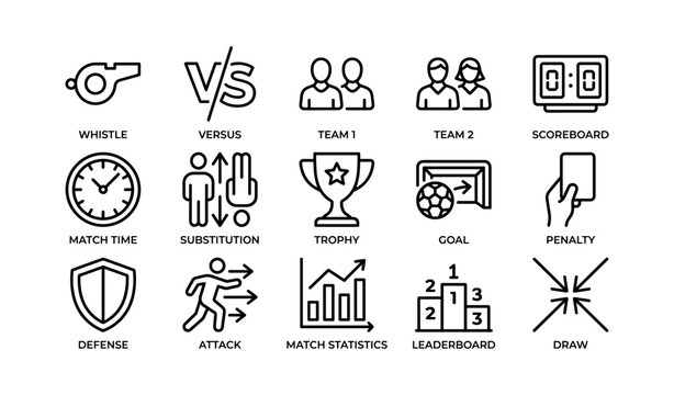 Sports icons set: whistle, trophy, scoreboard, substitution, penalty