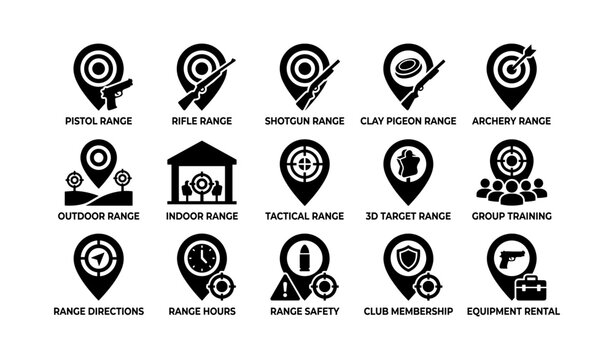 Shooting range icons set: pistol, rifle, shotgun, archery, group training