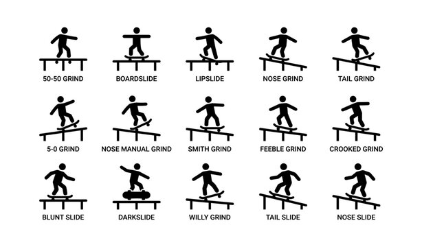 Silhouette illustrations of 16 skateboarding trick variations on rails