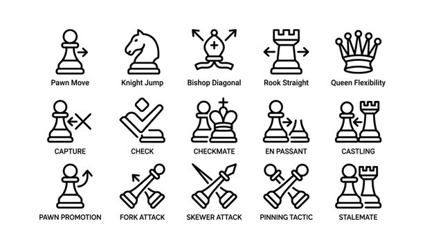 Chess symbols: pawn, knight, bishop, rook, queen moves and strategies