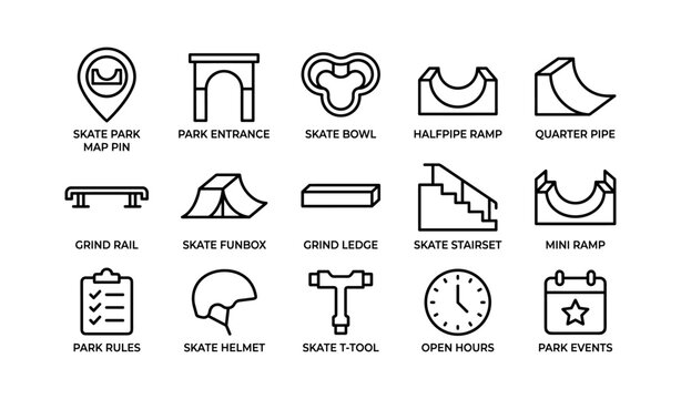 Skate park icon set featuring various ramps, rails, and equipment