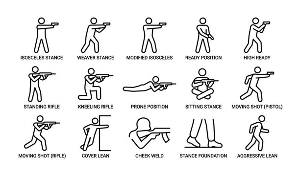 Firearm stances and positions icons: standing, kneeling, prone, sitting, moving, cover