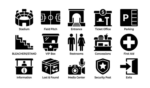 Stadium icons set: facilities, services, and navigation symbols for events