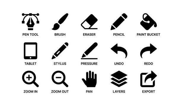 Icon set for digital art tools including pen, brush, eraser, zoom, and export symbols