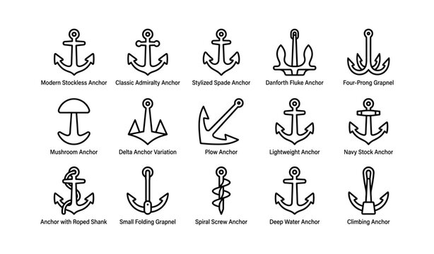Variety of nautical anchors: styles and designs in black and white icons
