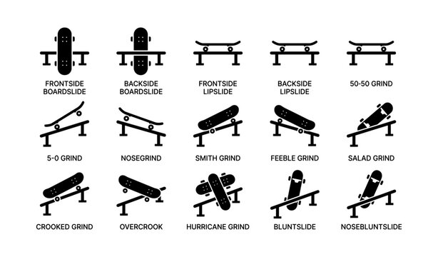Skateboard grind and slide trick illustrations on rail