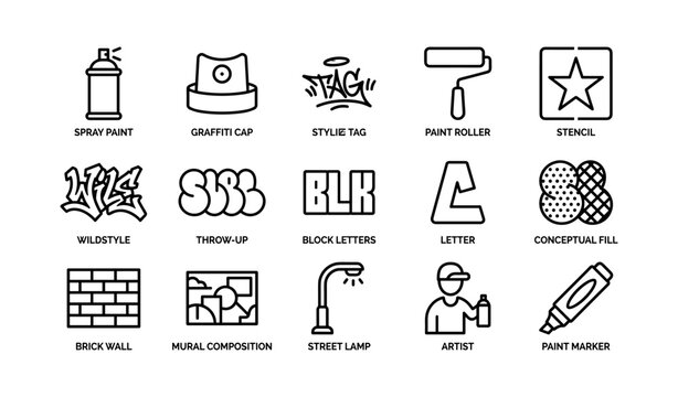 Graffiti tools and styles icons: spray paint, stencil, roller, tags, letters