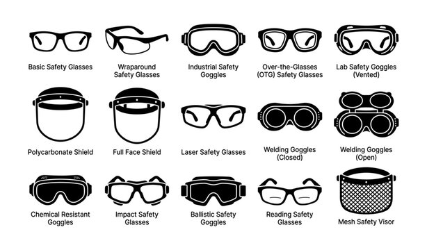 Types of safety glasses and goggles for industrial and laboratory use