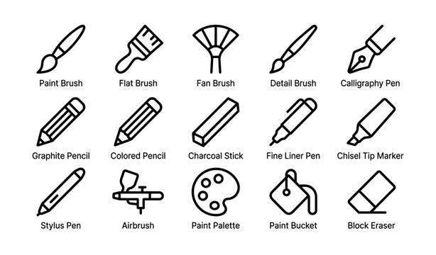 Art tools icons: paint brushes, pencils, pens, and palette