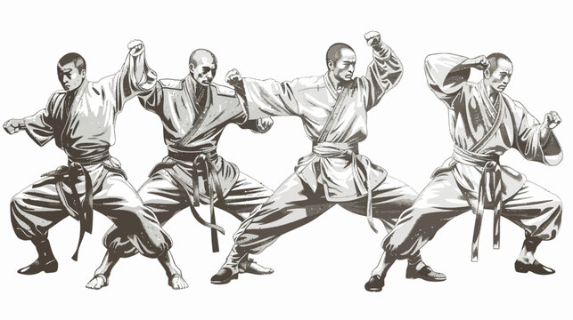 Drawing of four bald men in gis, in defensive postures, rendered in halftone style