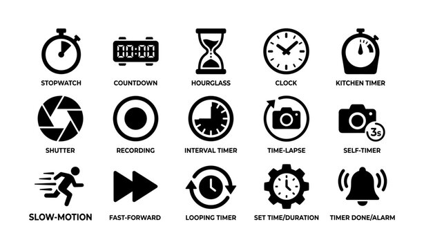 Icons of timers and clocks: stopwatch, countdown, hourglass, clock, camera timers