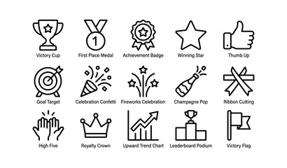 Obraz premium Victory icons: trophy, medal, star, thumb up, celebration symbols