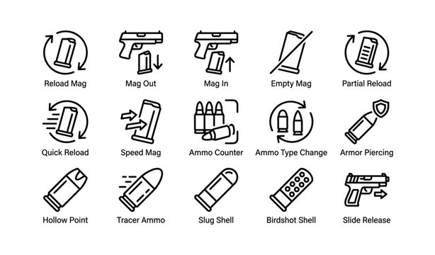 Gun ammo and reloading icons set with pistol and bullet illustrations
