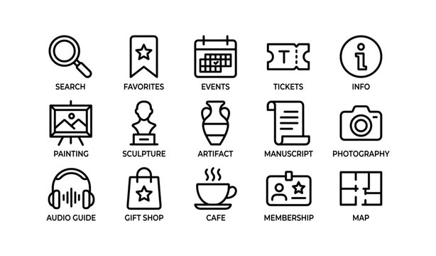 Museum icons: search, events, tickets, audio guide, gift shop, cafe, map, photography, sculpture, artifact
