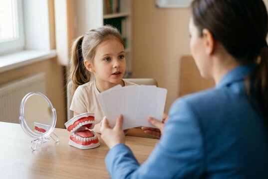A young girl participates in a speech therapy session, sitting at a desk with a therapist holding articulation cards. The setting includes a small mirror and mouth model under soft natural light in a
